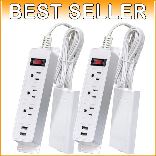 Space-Saving 6FT Power Strip with 3 Outlets, 2 USB Ports, & Safety Clips - 2Pack