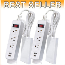 Load image into Gallery viewer, Space-Saving 6FT Power Strip with 3 Outlets, 2 USB Ports, &amp; Safety Clips - 2Pack