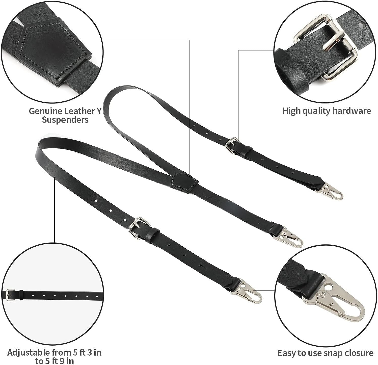 Classic Black Leather Suspenders for Men - Elegant Y Design, 8 Adjustable Sizes