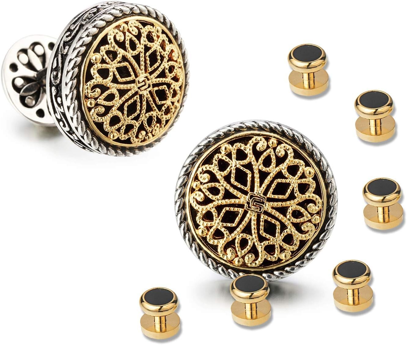Gold-Plated Men's Cufflinks with 6 Shirt Studs - Ideal for Grooms & Fathers