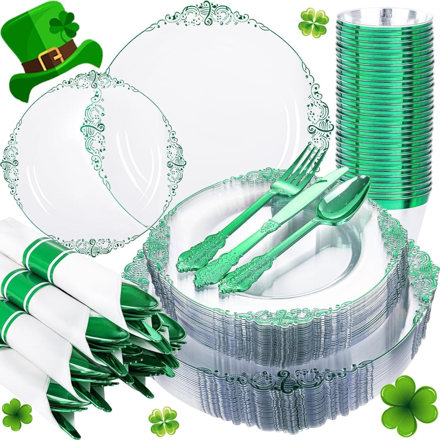 Elegant 175PCS Clear Plate Set with Green Rim - Perfect for St. Patrick's Day