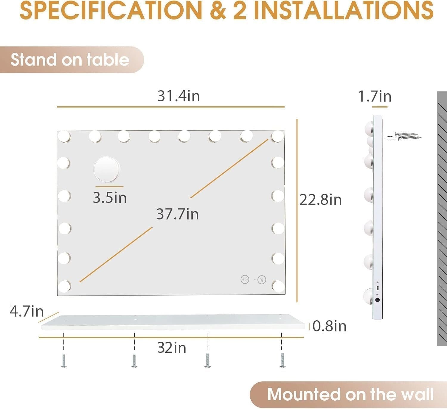 Bluetooth Vanity Mirror with Touch Sensor and 10X Magnifying - Wall or Tabletop