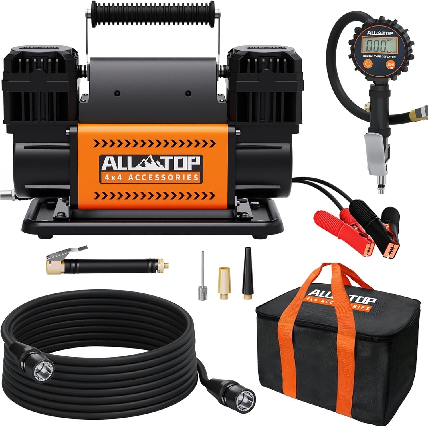 Compact Dual Cylinder Tire Inflator with Digital Gauge - 12V Heavy Duty Pump