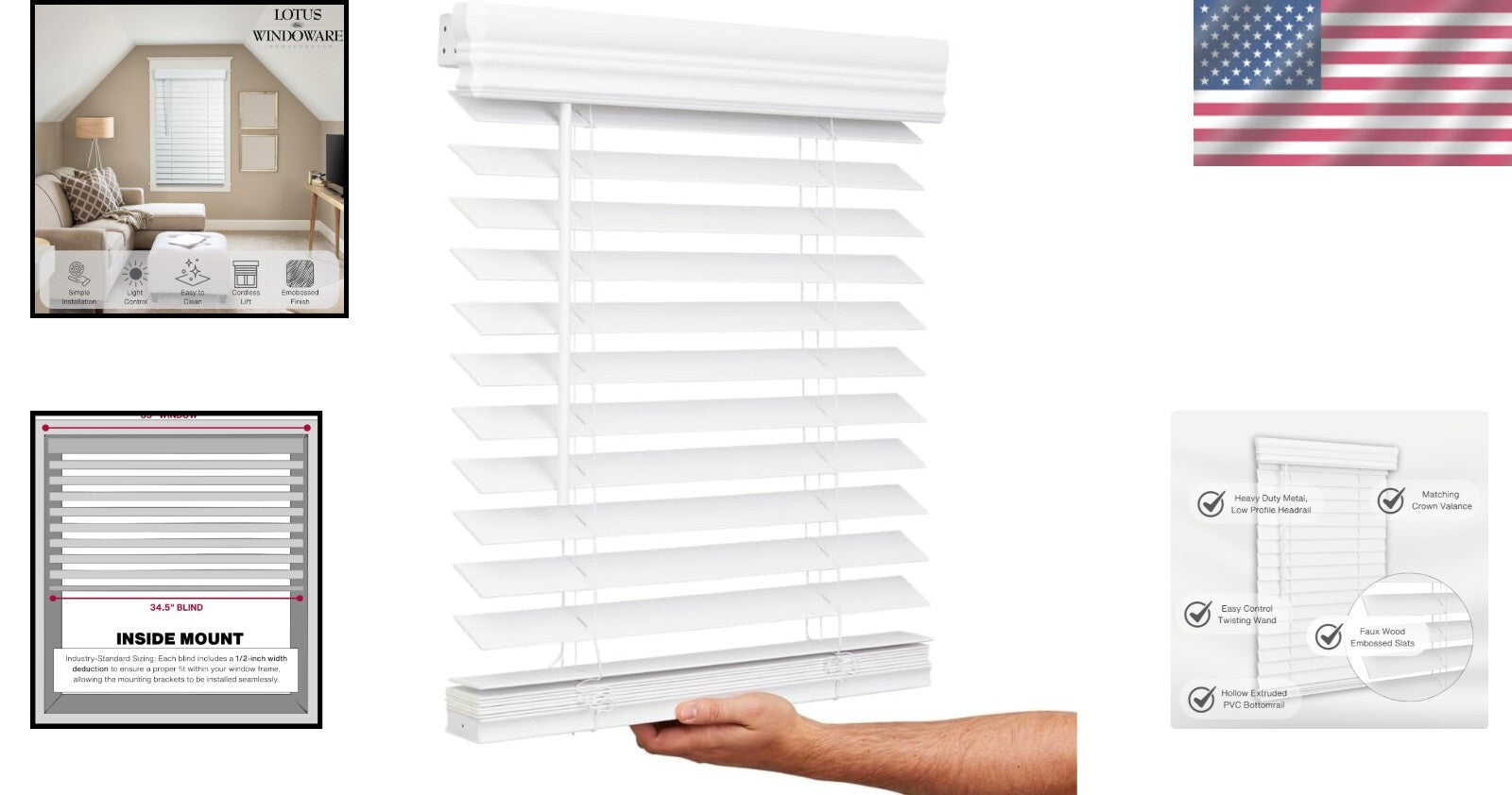 Durable 2" Cordless Faux Wood Blinds, Bright White, 35" x 72" - Easy Install