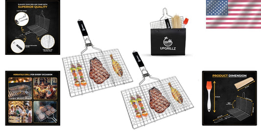 Rustproof Stainless Steel Fish Grilling Basket with Skewers & Basting Brush Pack