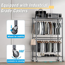 Load image into Gallery viewer, 3-Tier Adjustable Garment Rack with Rolling Wheels &amp; Side Hooks - Gray Finish