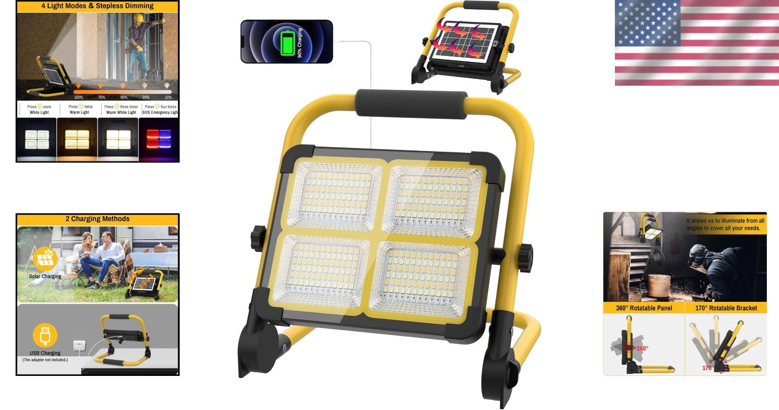 12000mAh Rechargeable Work Light with Adjustable Stand - 360° Portable Spotlight