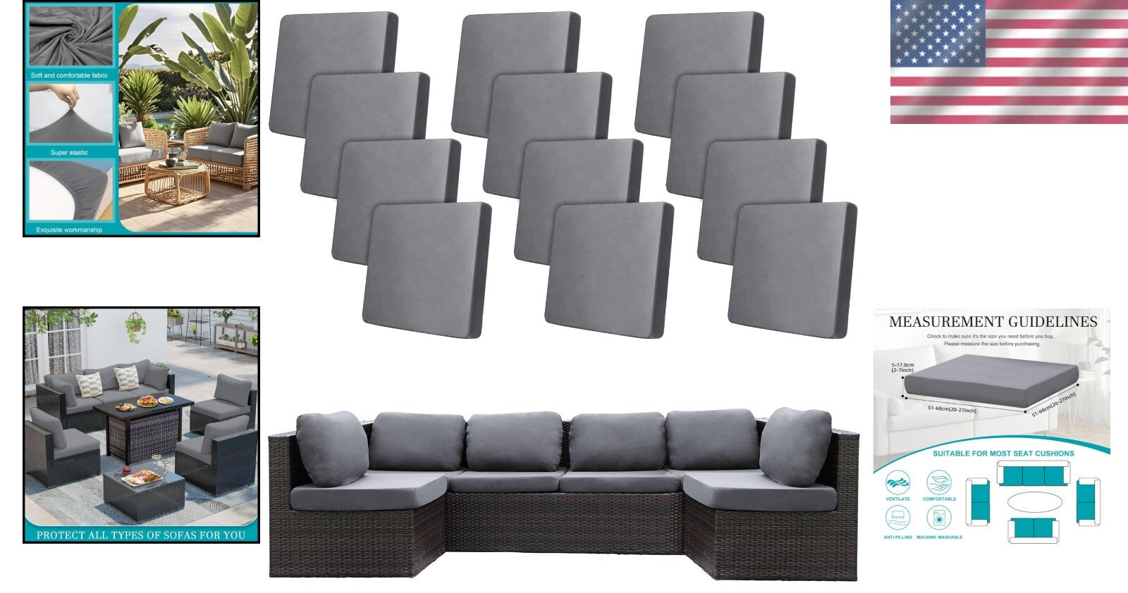 Elastic Slipcovers for Patio Sofa Cushions – 12 Stretch Covers in Classic Grey