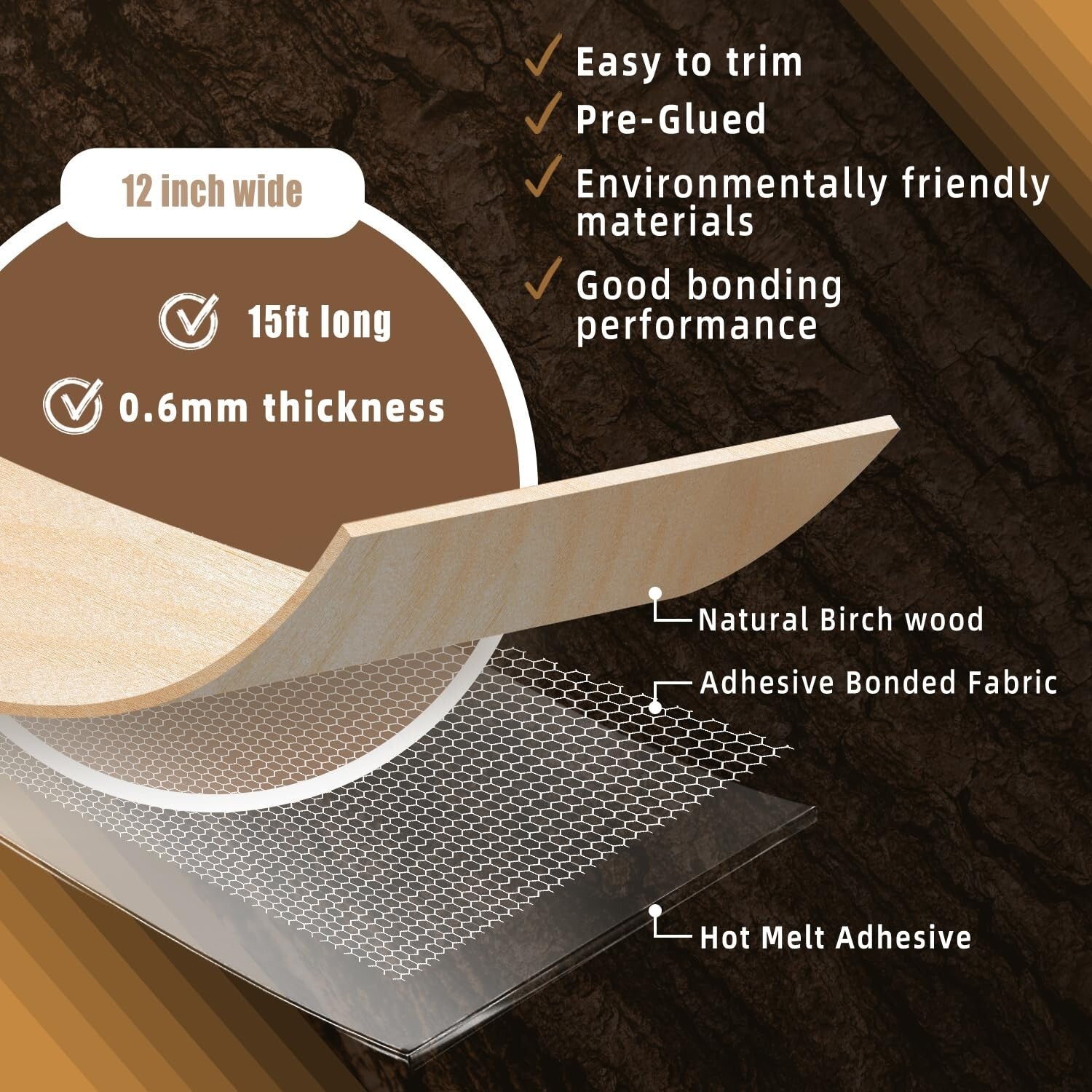 Durable 12" x 15ft Birch Veneer Edge Banding - Ideal for Furniture Restoration