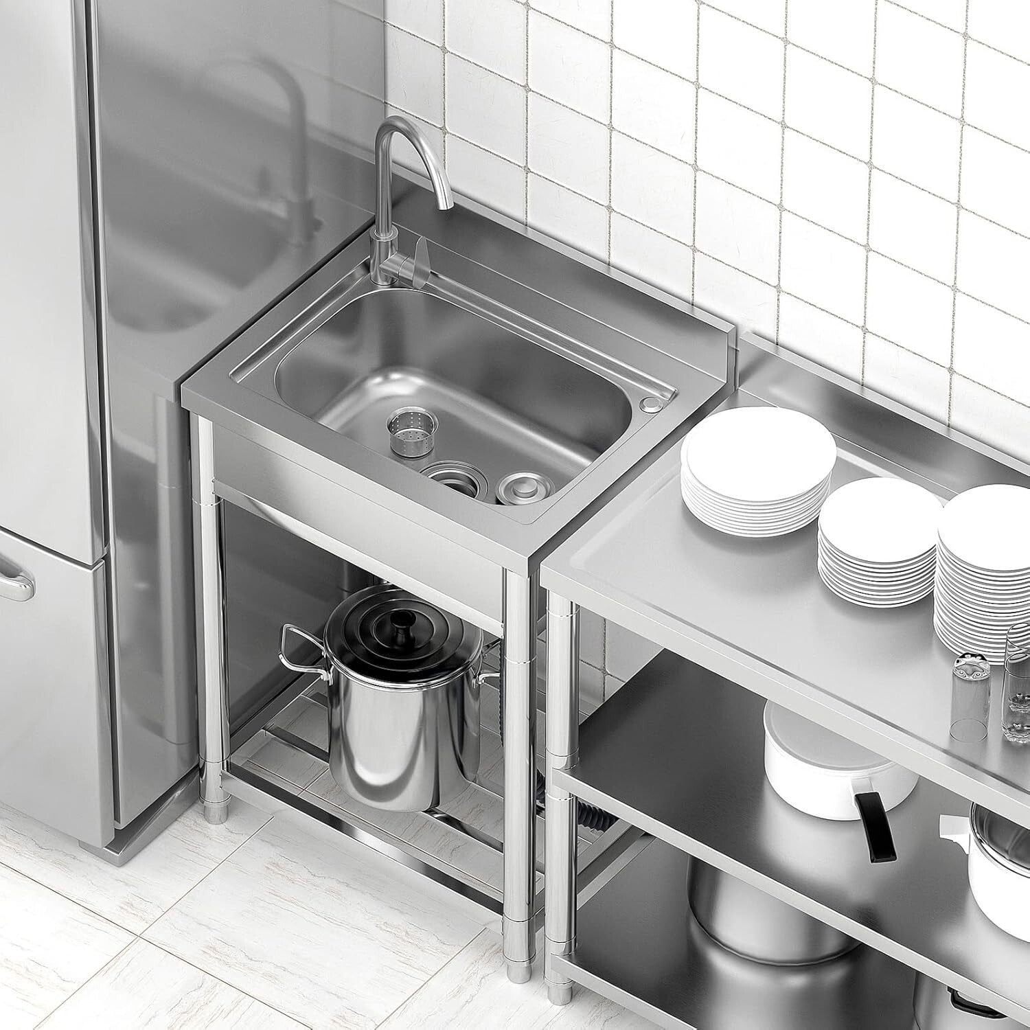 All-in-One 22in Stainless Steel Kitchen Sink Set with Integrated Storage Shelves