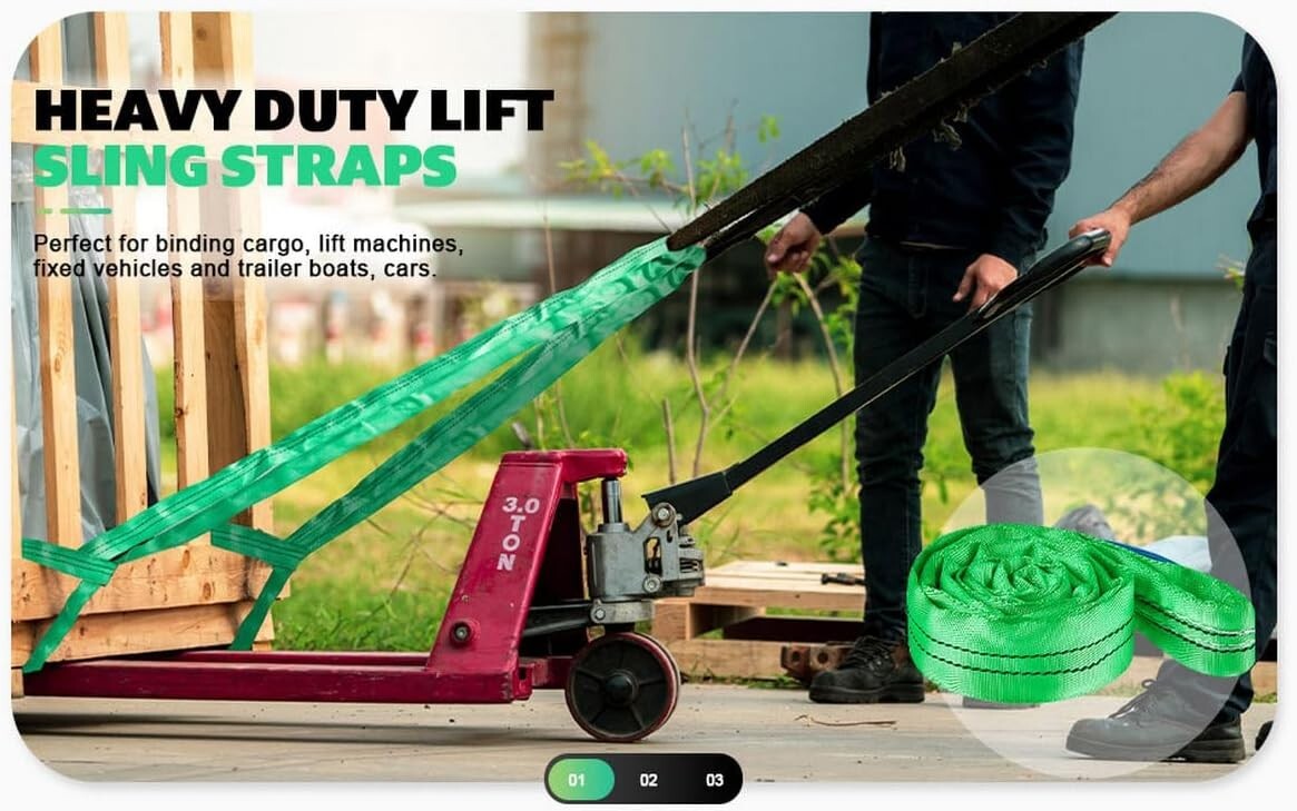 Heavy Duty 2" x 8' Lifting Sling Straps - Safe 4400 lbs Vertical Load - 2-Pack