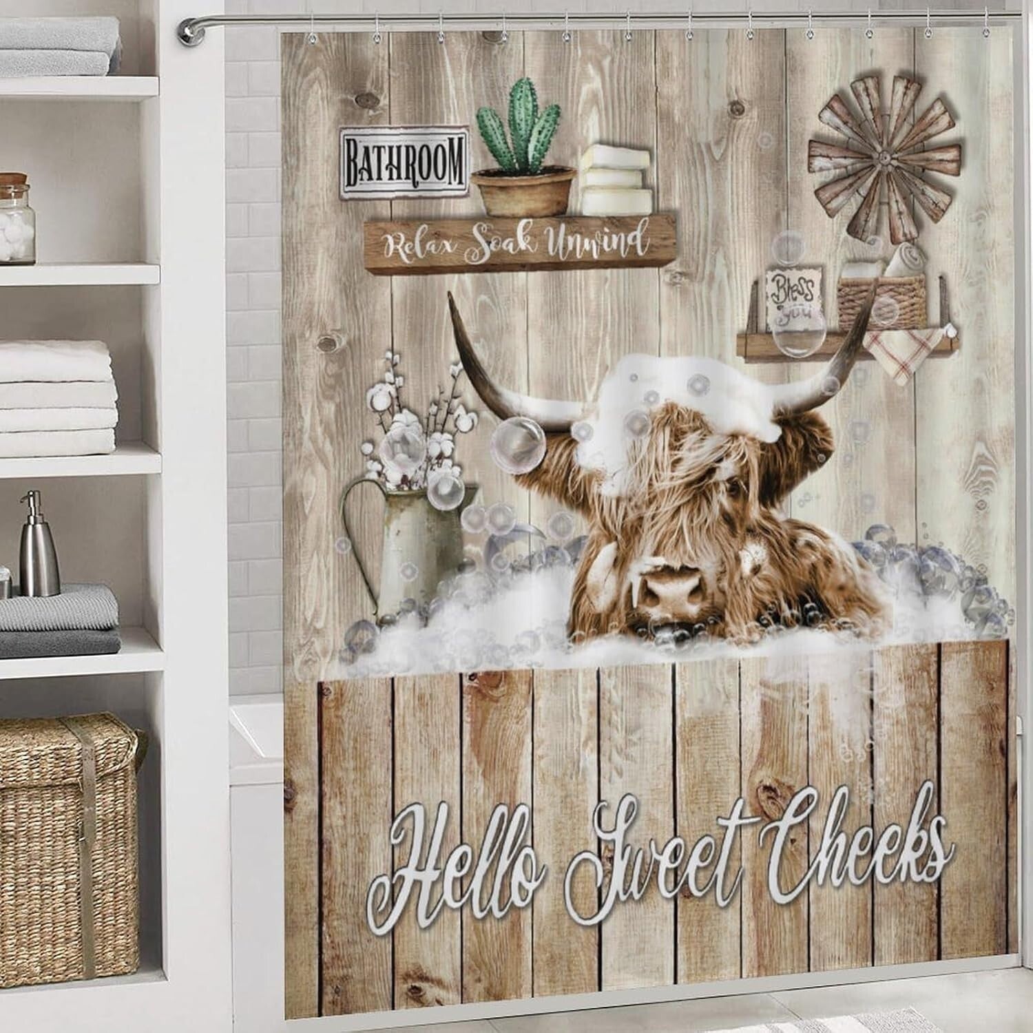 Funny Highland Cow Shower Curtain Set - 4-Piece with Non-Slip Bath Accessories