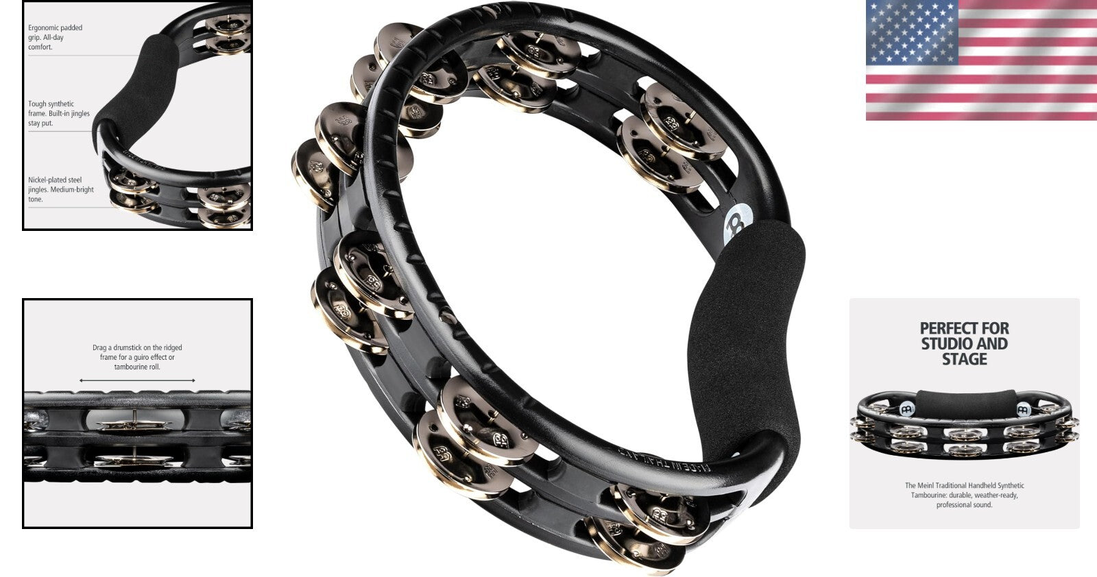 Traditional Handheld Tambourine - Ergonomic Black Frame, Built for All Musicians