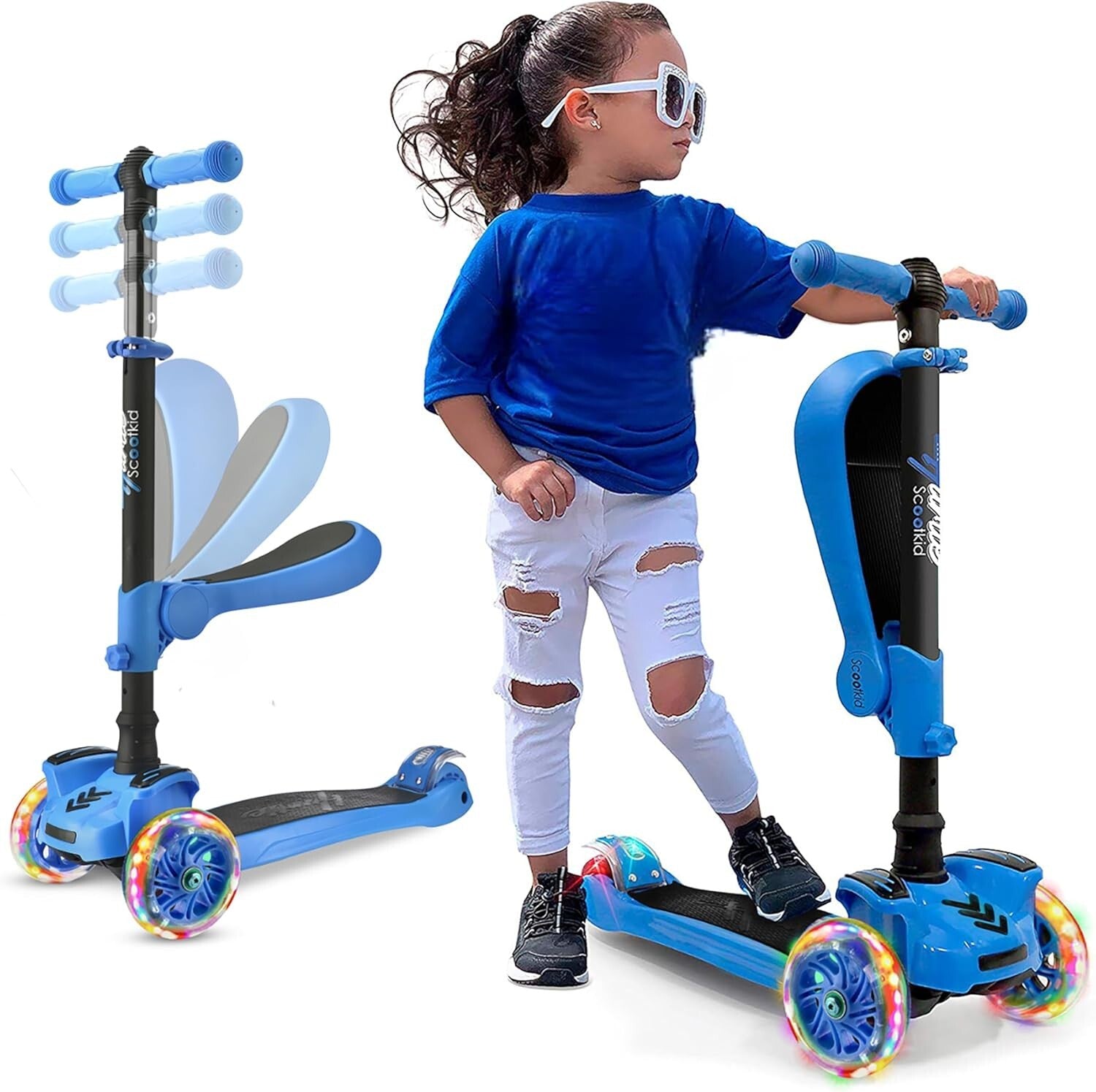LED Light-Up 3-Wheeled Kids Scooter with Adjustable Handlebar & Foldable Seat