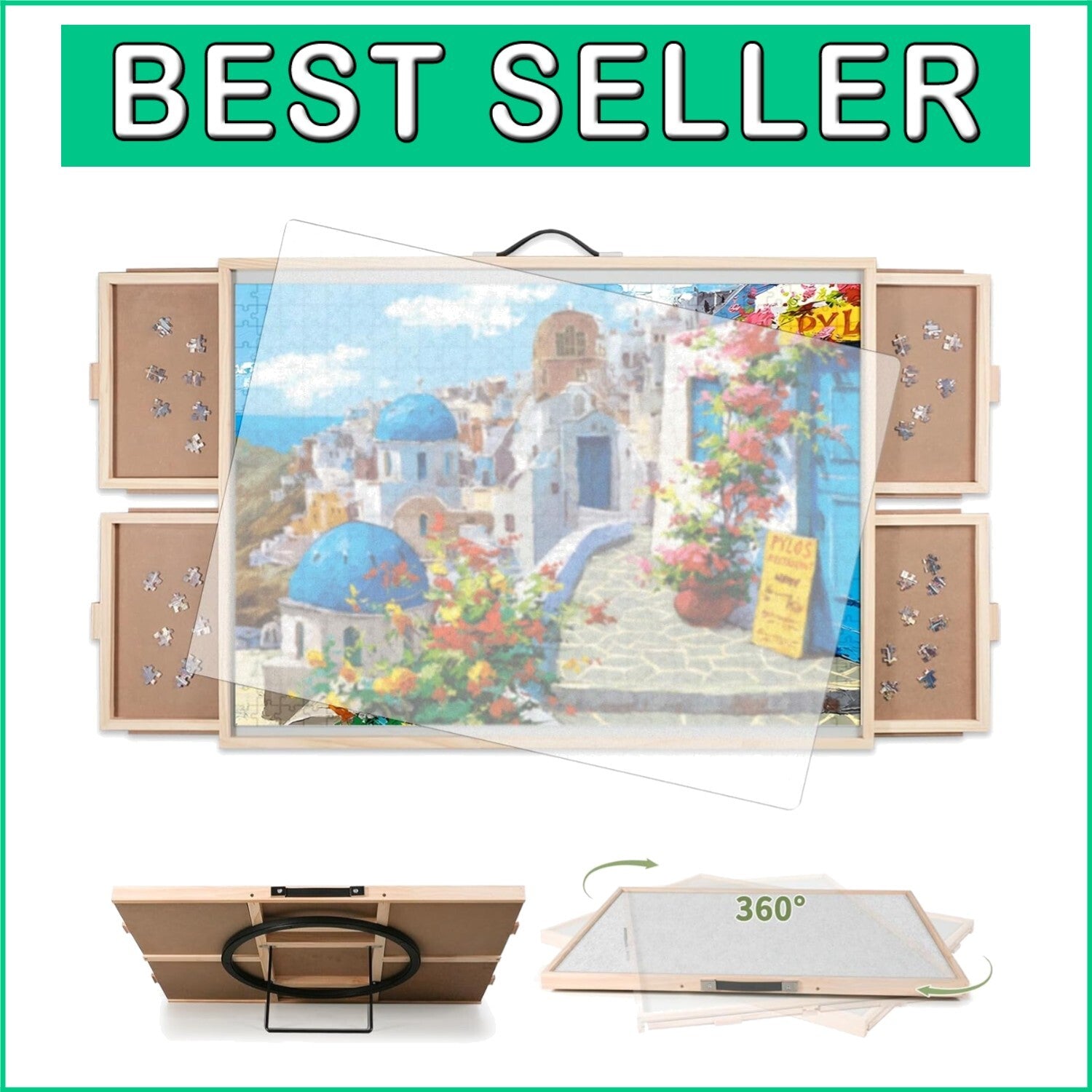 Eco-Friendly Tilting and Rotating Puzzle Table, 40.16'' x 28.5'' with 4 Drawers