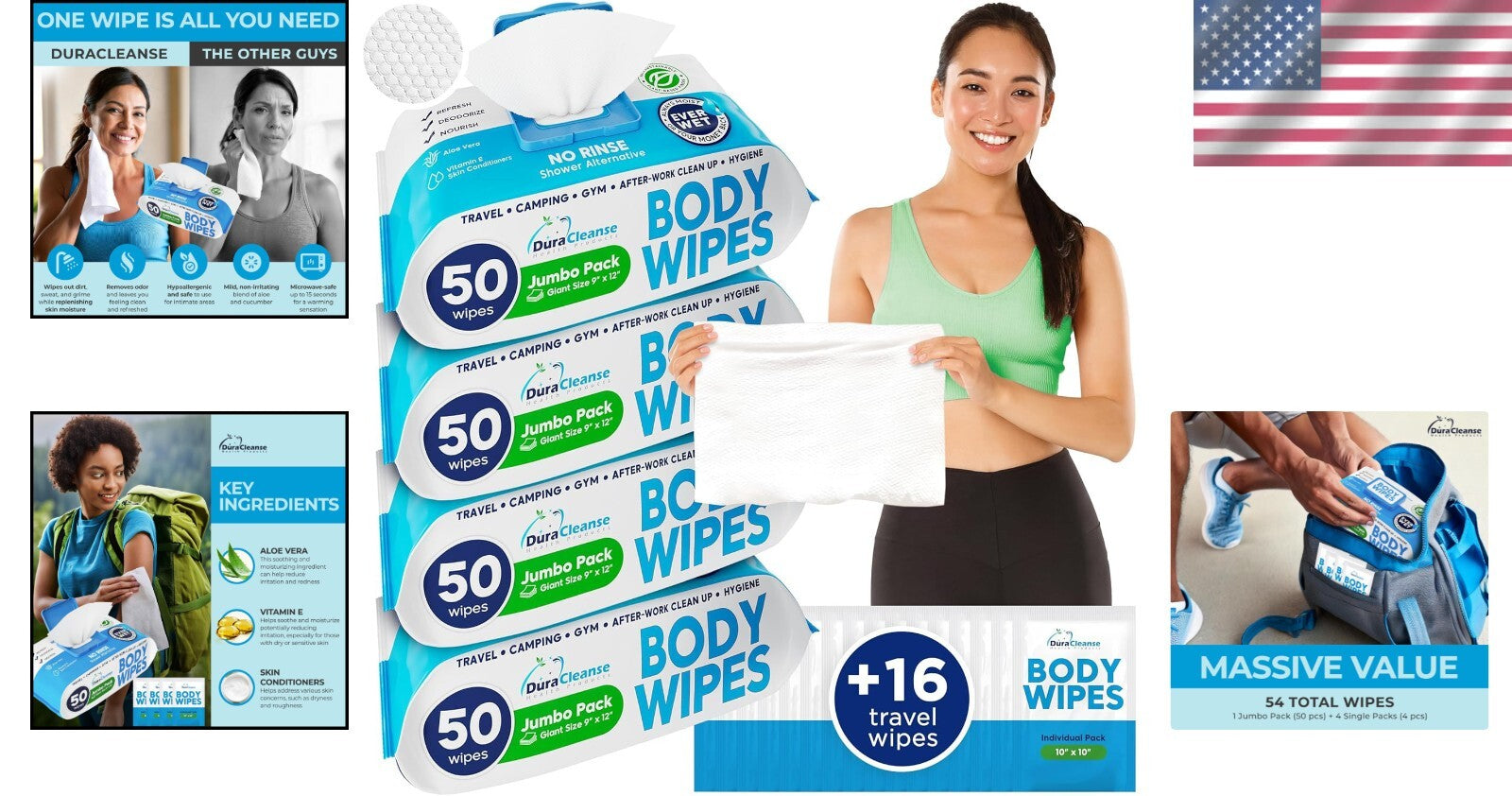 XL No Rinse Body Wipes - 216 Count Shower & Travel Bath Wipes for Sensitive Skin