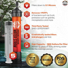 Load image into Gallery viewer, 5 Reusable Water Straws - Filters 1800 Gallons for Hiking, Travel, and Survival