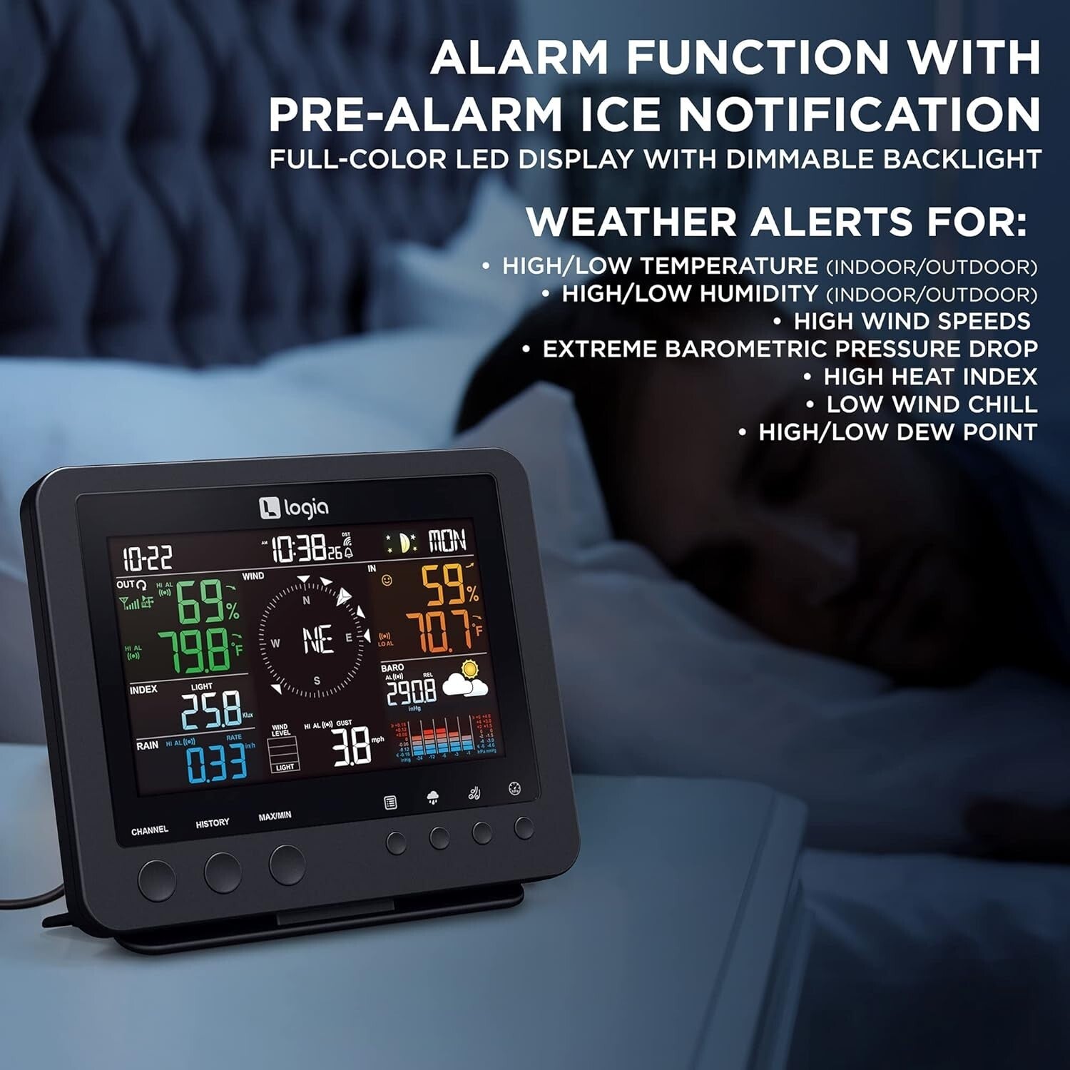 Advanced 7-in-1 Weather Station: Indoor/Outdoor Sensor with Forecast Alerts
