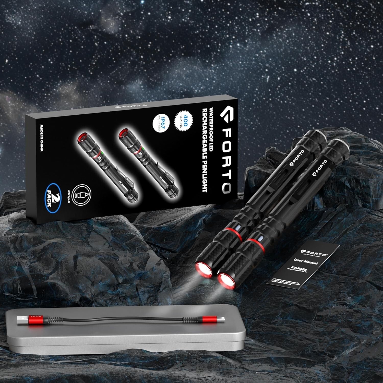 Rechargeable Emergency Flashlight 2-Pack - Waterproof, Dustproof, Premium Gift