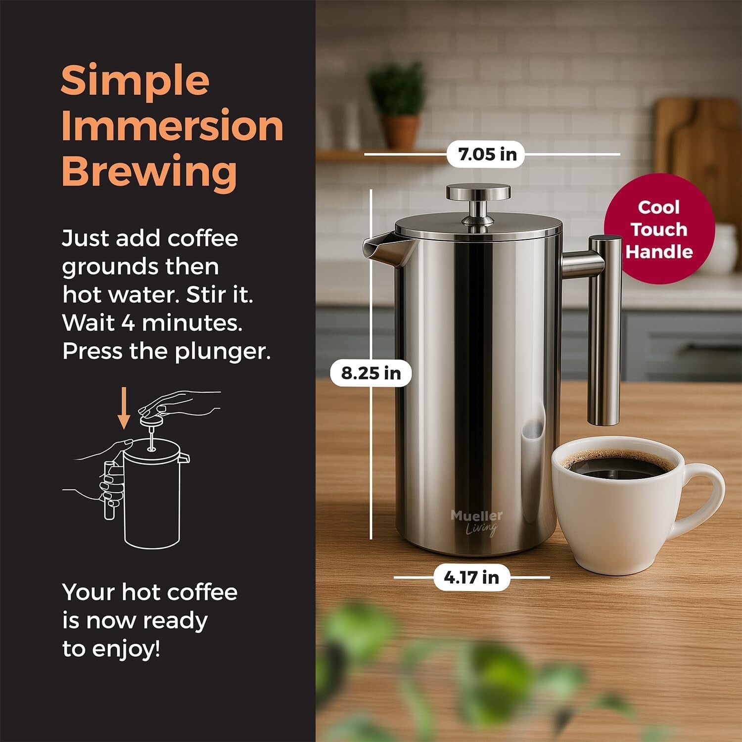 34oz Stainless Steel French Press with 4-Level Filtration for Rich Coffee Flavor