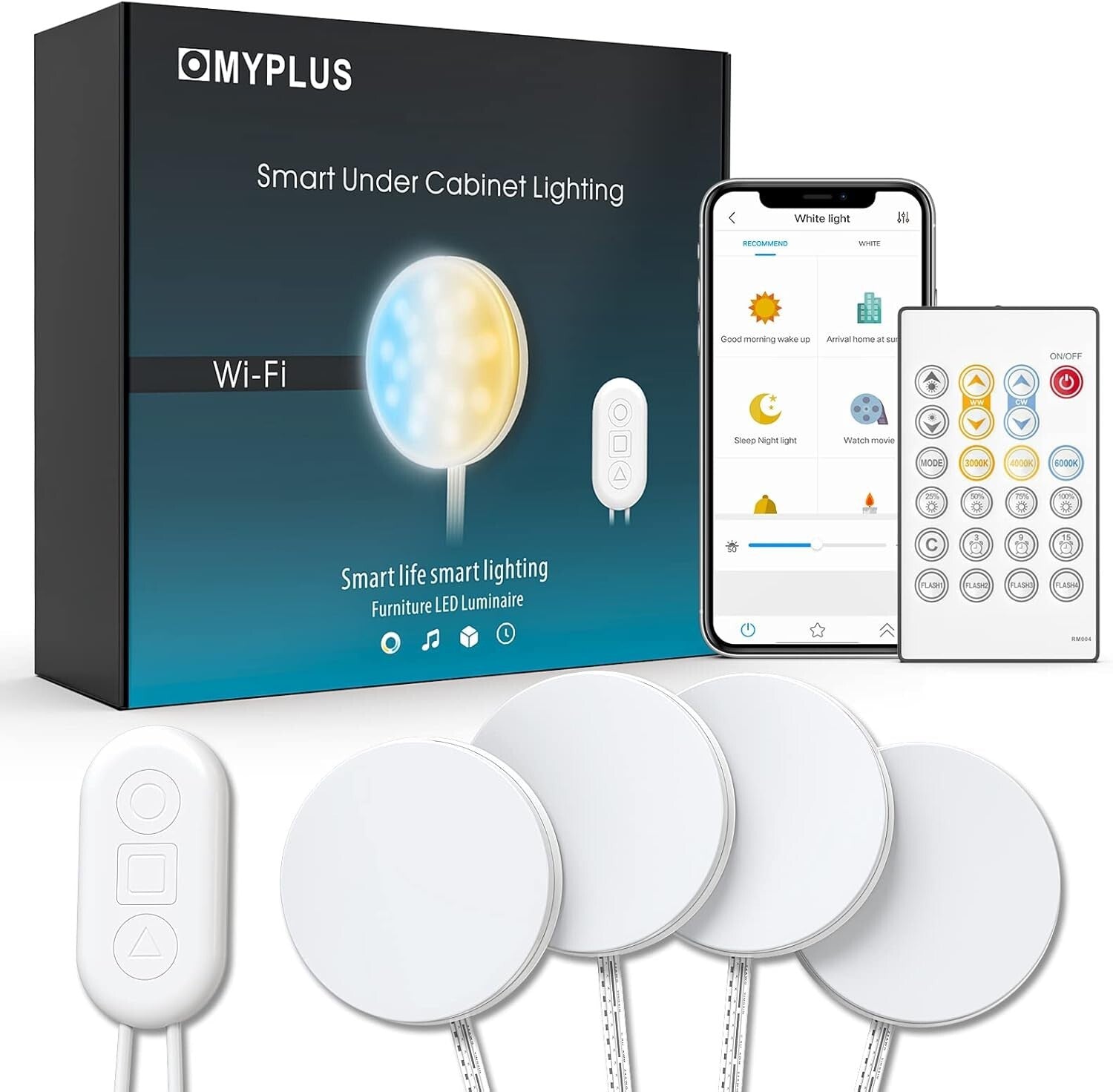 4-Pack Under Cabinet Smart Puck Lights - Adjustable Colors & Remote Control