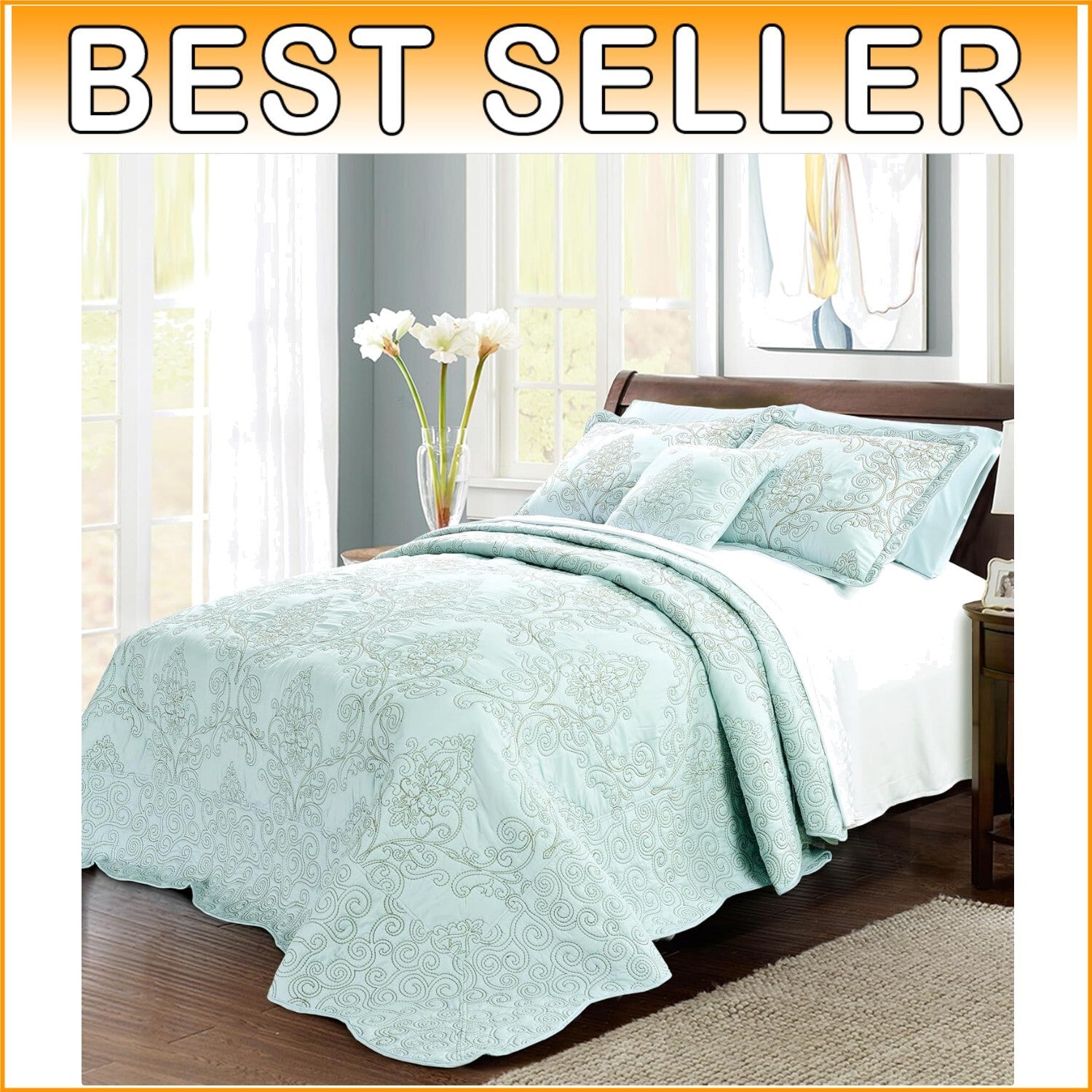 Elegant Oversized Queen 4-Piece Reversible Bedspread Set in Blue Floral Pattern