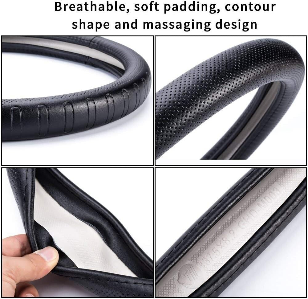 15.5-Inch Black Leather Steering Wheel Cover – Protect & Enhance Driving Comfort