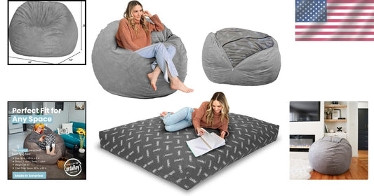 Cozy Chenille Bean Bag Chair & Bed - Full Size, Adjustable & Washable - Charcoal