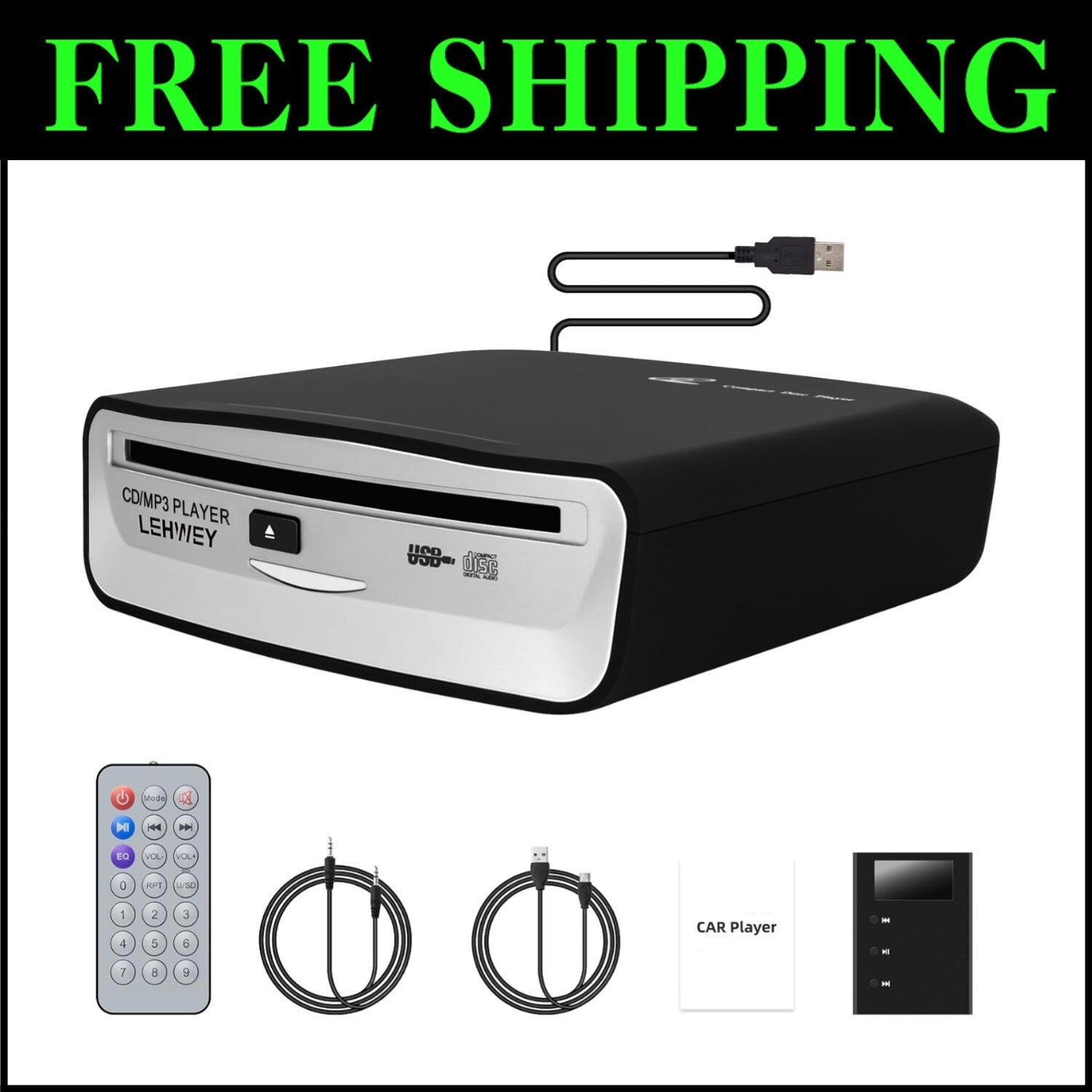 Universal Portable Car CD Player with Remote & AUX - Easy Plug-and-Play Solution