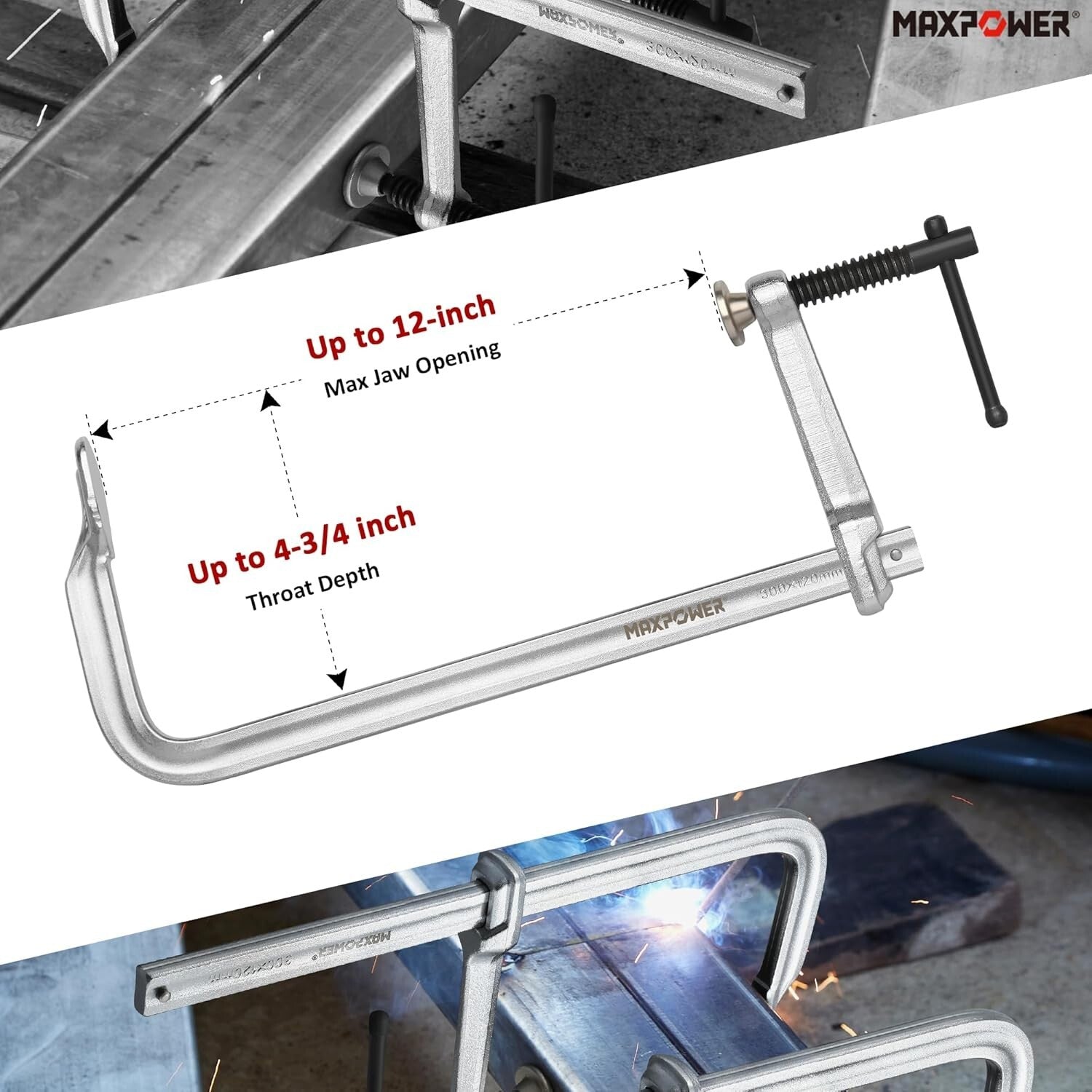 12-Inch Forged Steel F Clamps with 4-3/4-Inch Throat Depth - Reliable & Durable