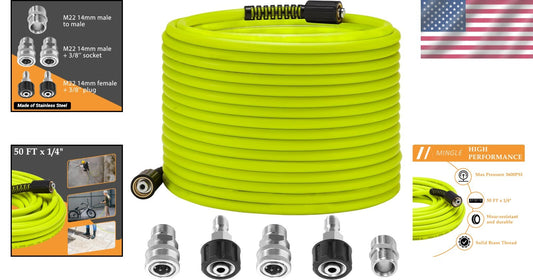 Durable 1/4" Pressure Washer Hose 50 FT - Stainless Steel M22 Adapters Included