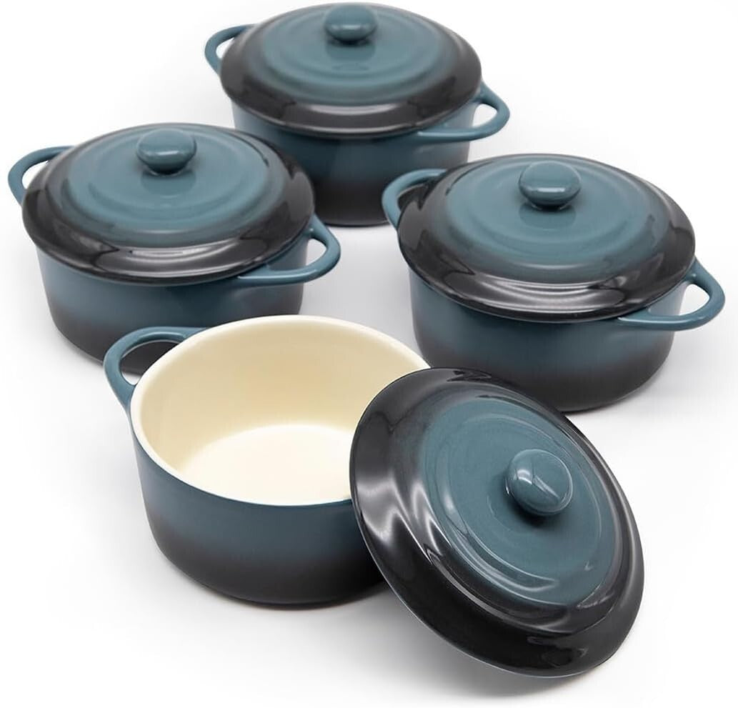 Durable Stoneware Cocotte Set - Individual 12 oz Dishes with Lids & Handles