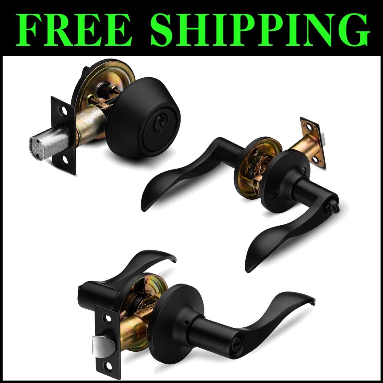 Reversible Iron Black Door Handle with Deadbolt Keyed Alike - Easy Install