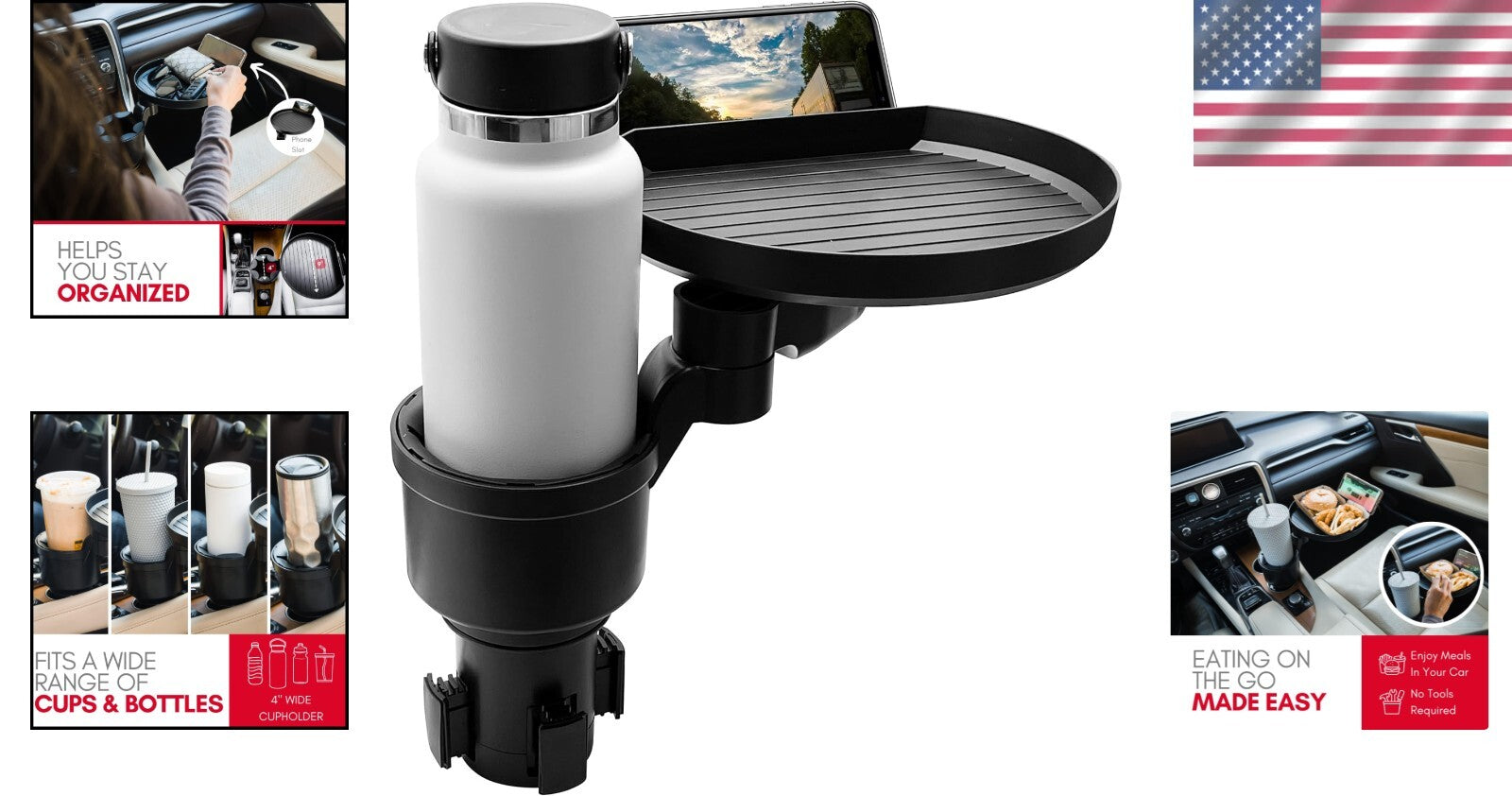 Car Cup Holder Extender with Food Tray and Phone Slot - 360° Rotating Design