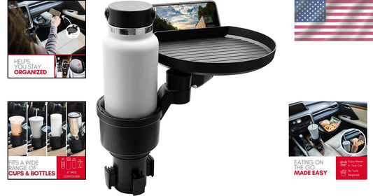 Car Cup Holder Extender with Food Tray and Phone Slot - 360° Rotating Design
