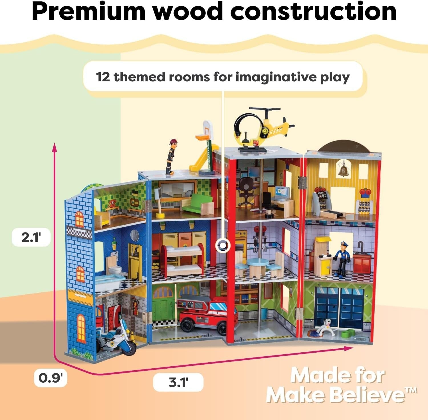 Everyday Heroes 3-Level Wooden Playset with Foldable Design & Firefighter's Pole