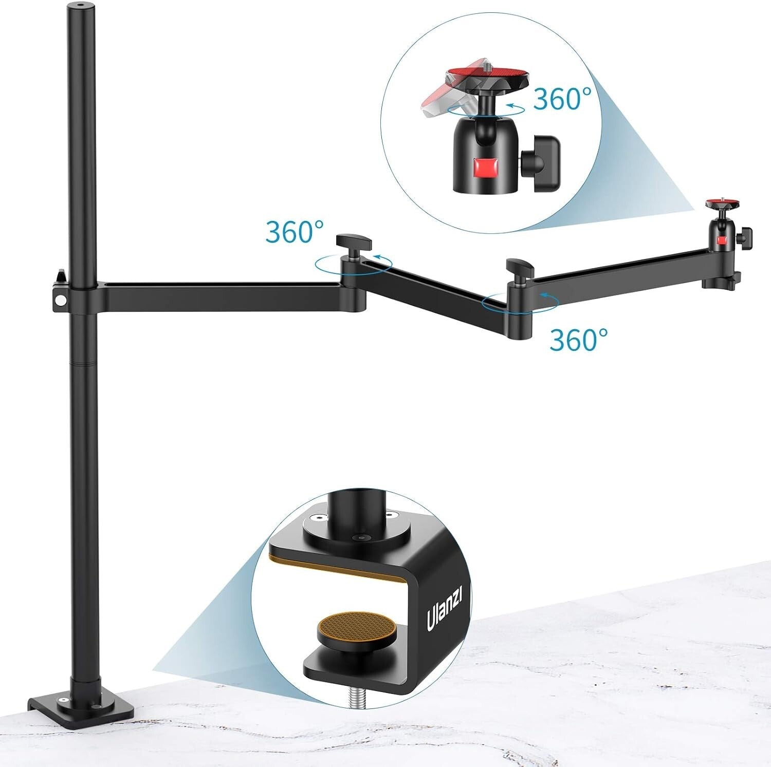 Aluminum Camera Desk Mount Stand – 27.56” Adjustable Arm for Creative Shots