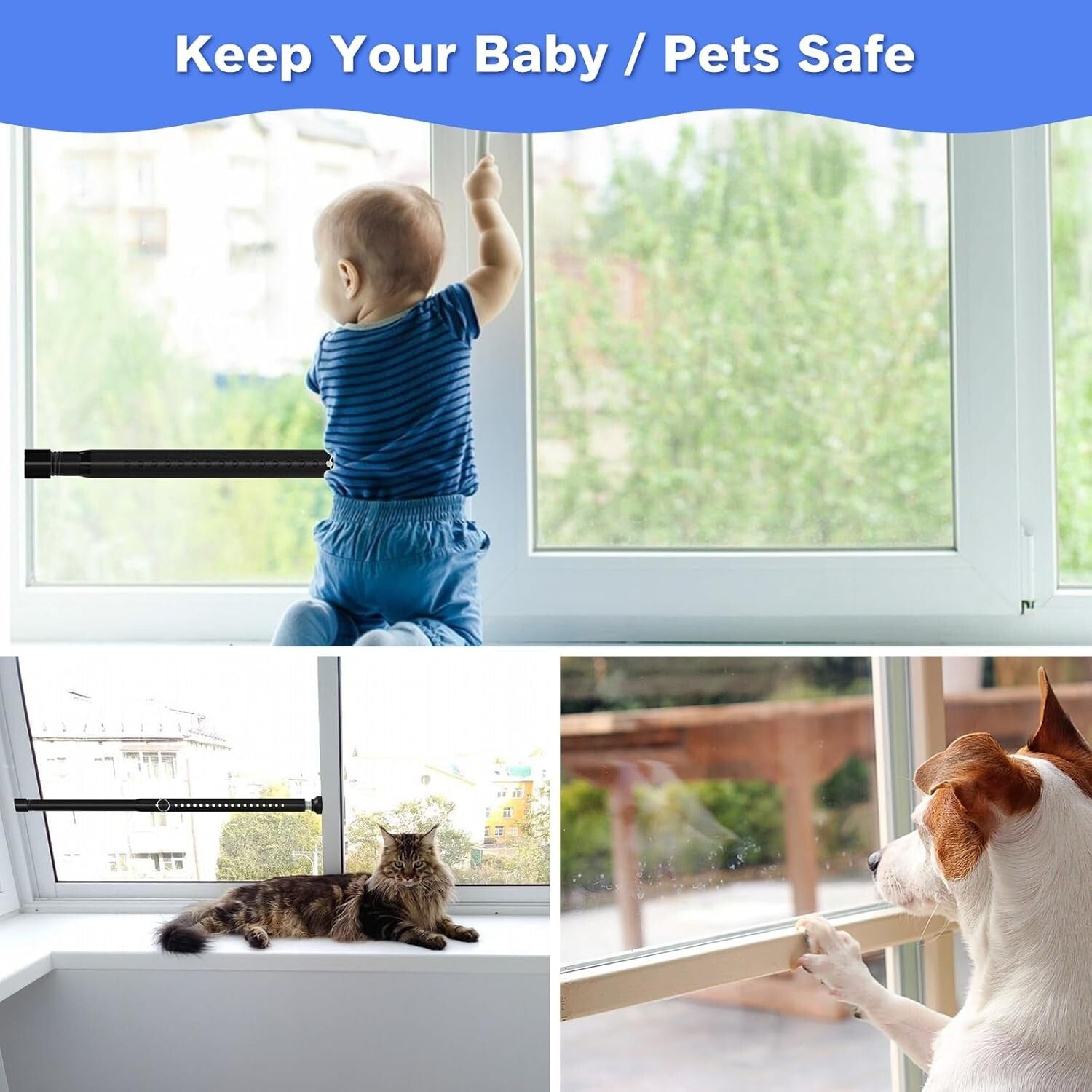 Adjustable Sliding Door Security Bar - 2-Pack Childproof Window Lock, 16-51 Inch