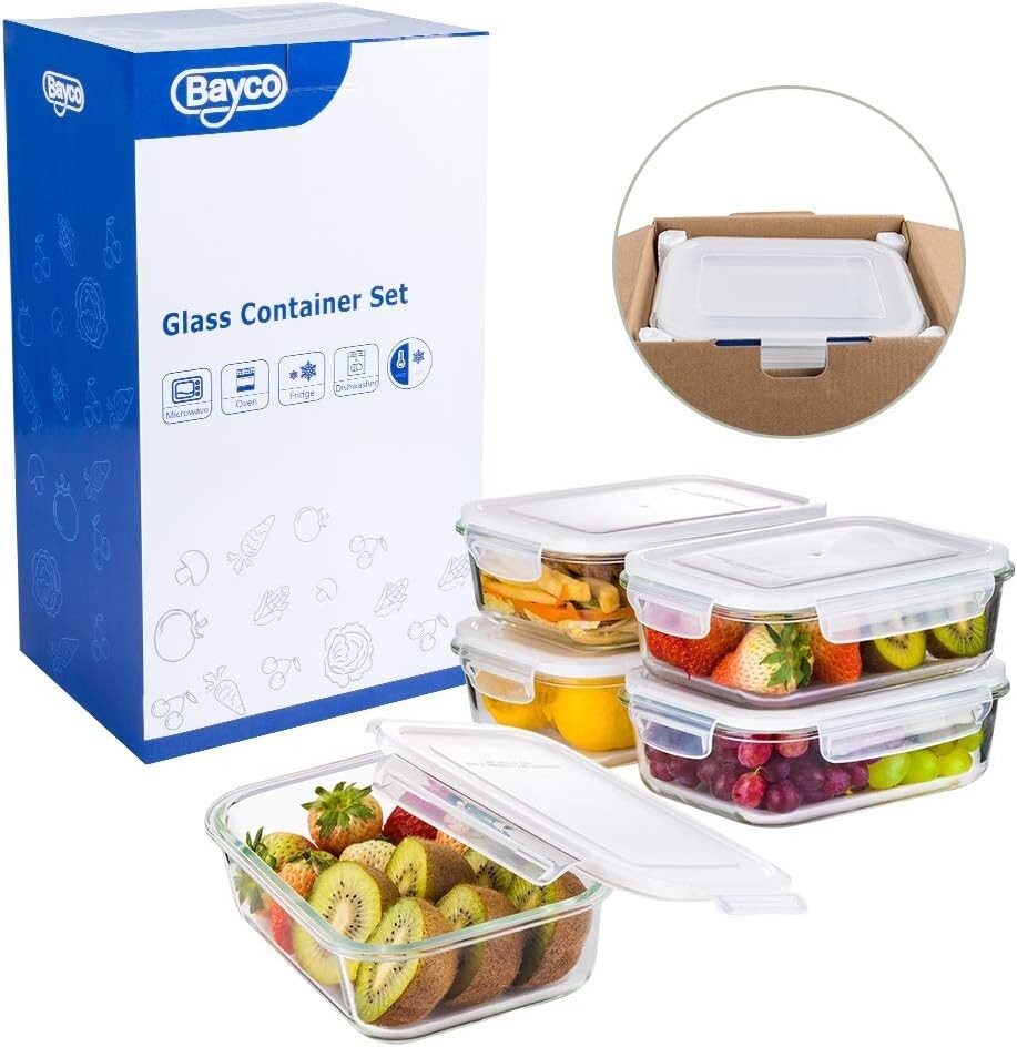 Durable 36oz Airtight Glass Containers - 5 Set | Perfect for Meal Prep & Storage