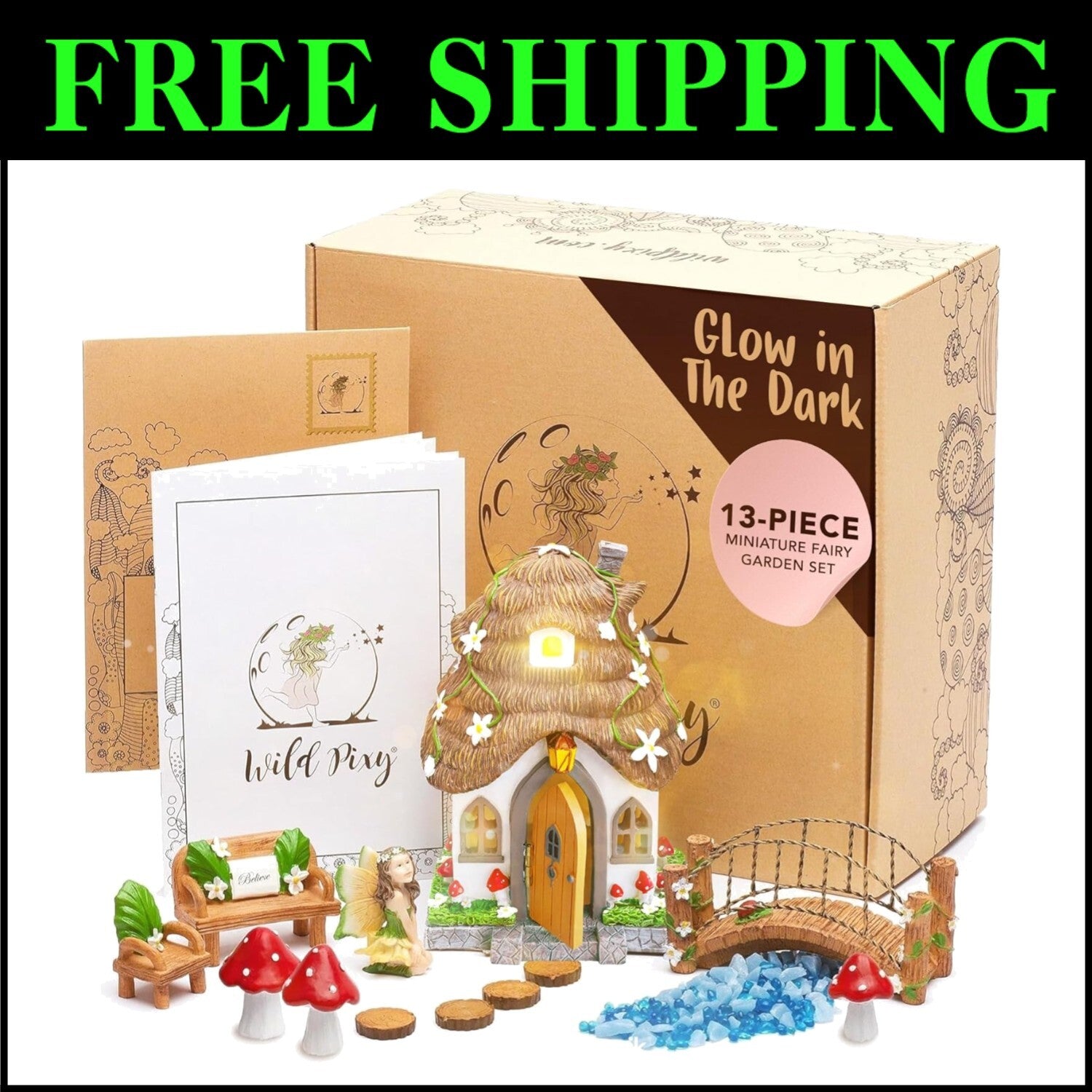 Delightful Fairy House Kit with Solar Glow Light - 13 Pieces for Garden Magic
