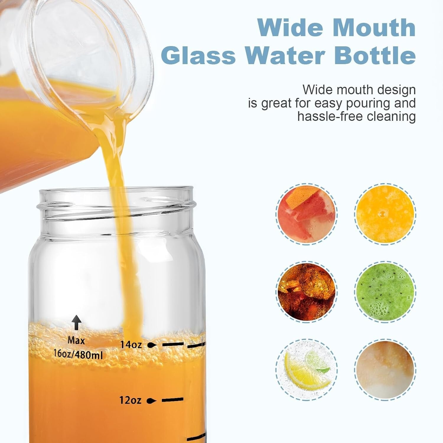 Set of 6 Durable 12oz Clear Glass Bottles with Airtight Stainless Steel Lids