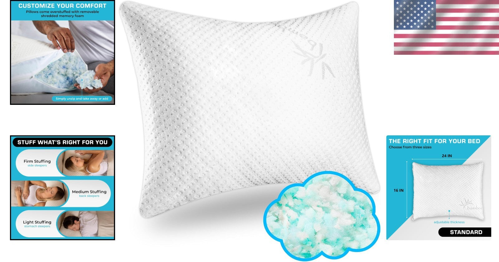 Breathable Memory Foam Bed Pillow with Cooling Zipper Cover for All Sleep Styles