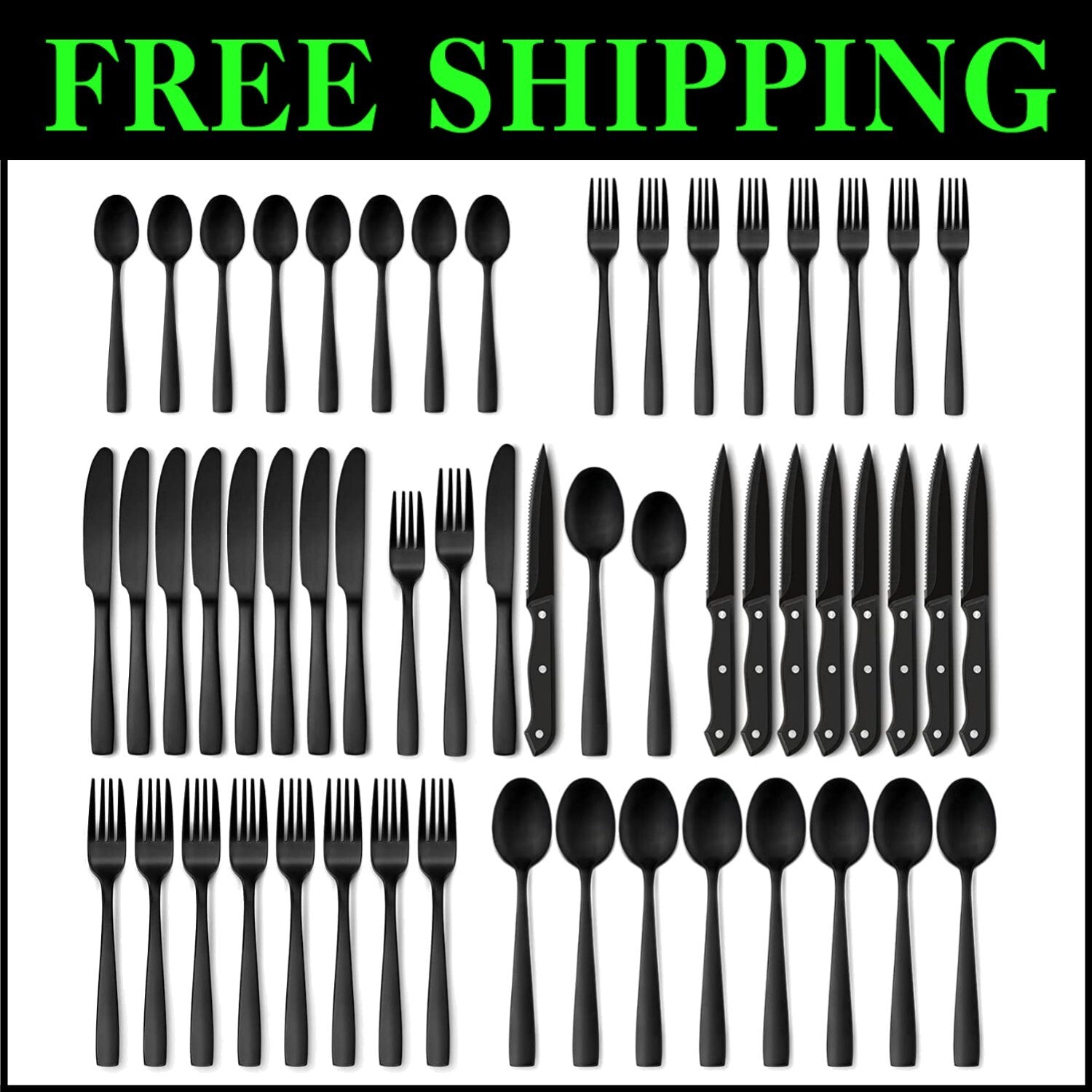 Complete 48-Piece Stainless Steel Matte Black Silverware Set for Upscale Dining