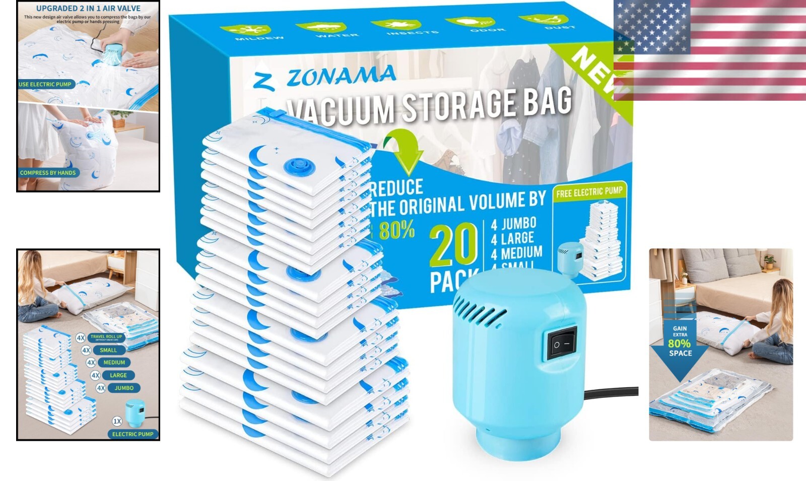 20 Pack Vacuum Storage Bags with Electric Pump - Space-Saving in Jumbo to Small