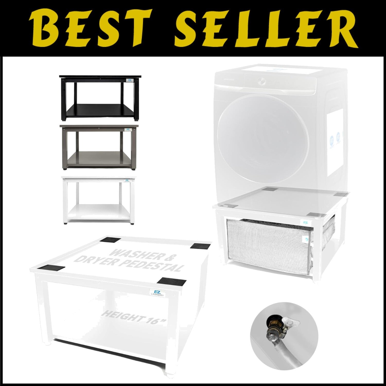 Reinforced Steel Laundry Pedestal - Ergonomic 16" Height, Leak-Proof System