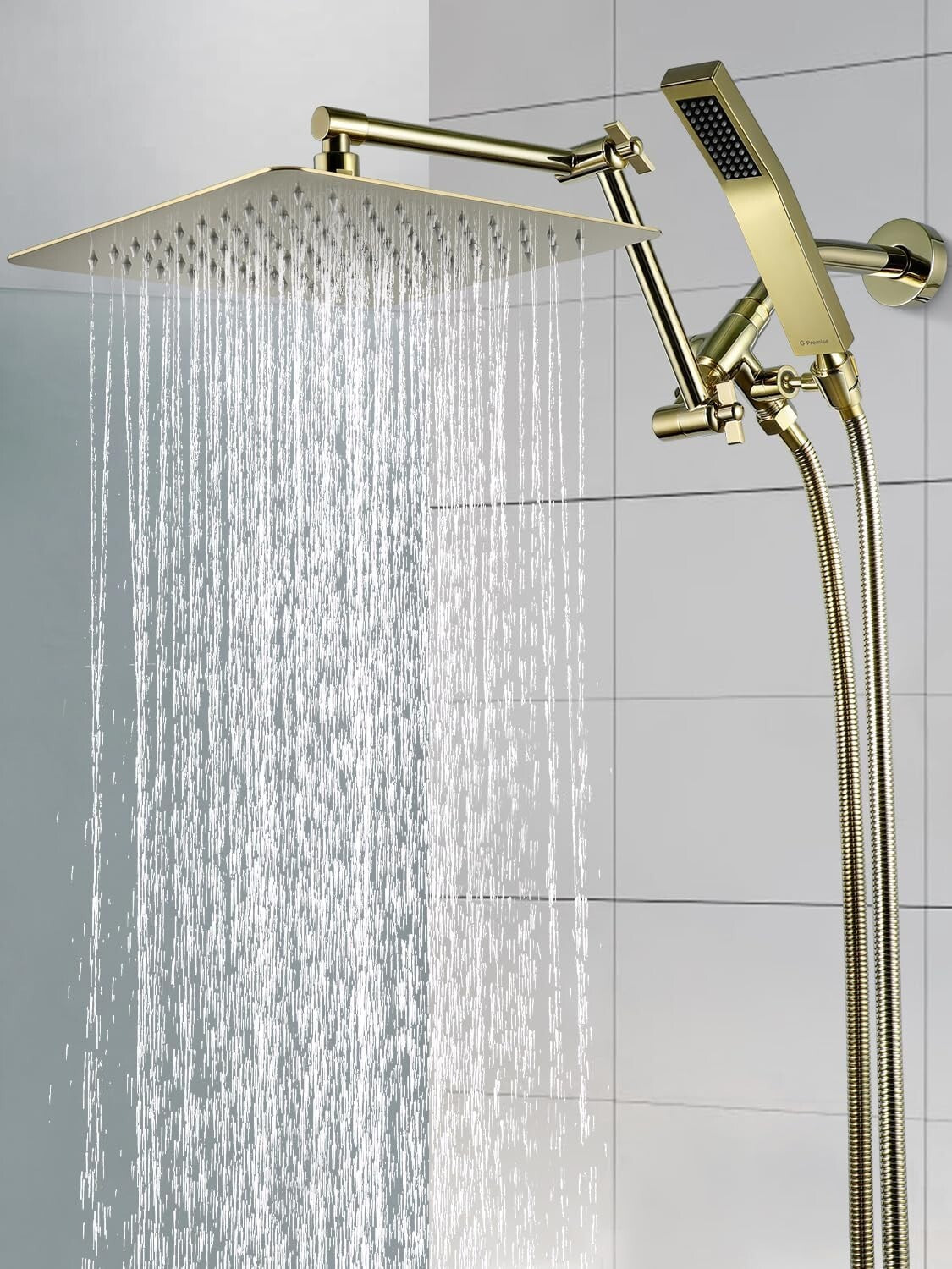 3-Setting Polished Brass Rainfall Shower & Handheld Spray with Extension Arm