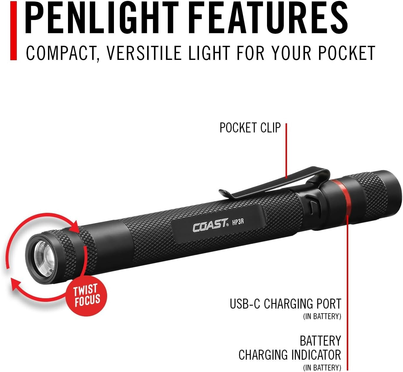 Versatile 500 Lumen Rechargeable Twist Focus Penlight - Ideal for Professionals