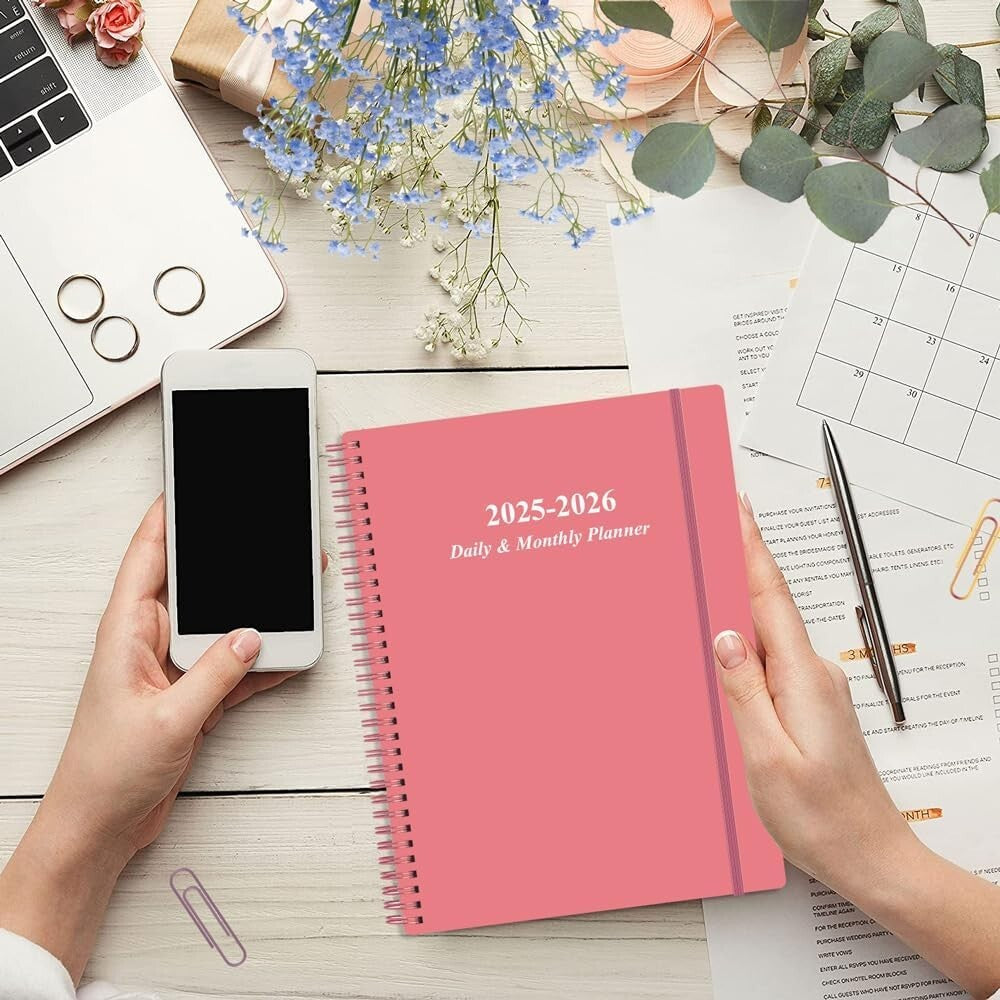 2025-2026 Stylish Daily & Monthly Planner - One Page Per Day, Pink 8.5”x11”