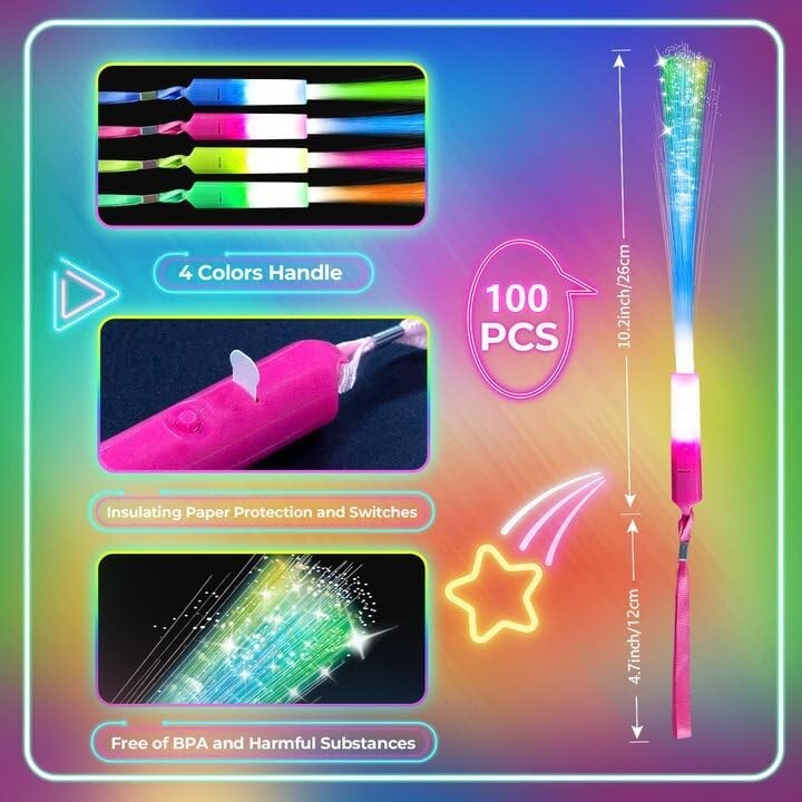 100 PCS LED Glow Fiber Wands - Ultimate Party Supplies for Vibrant Celebrations