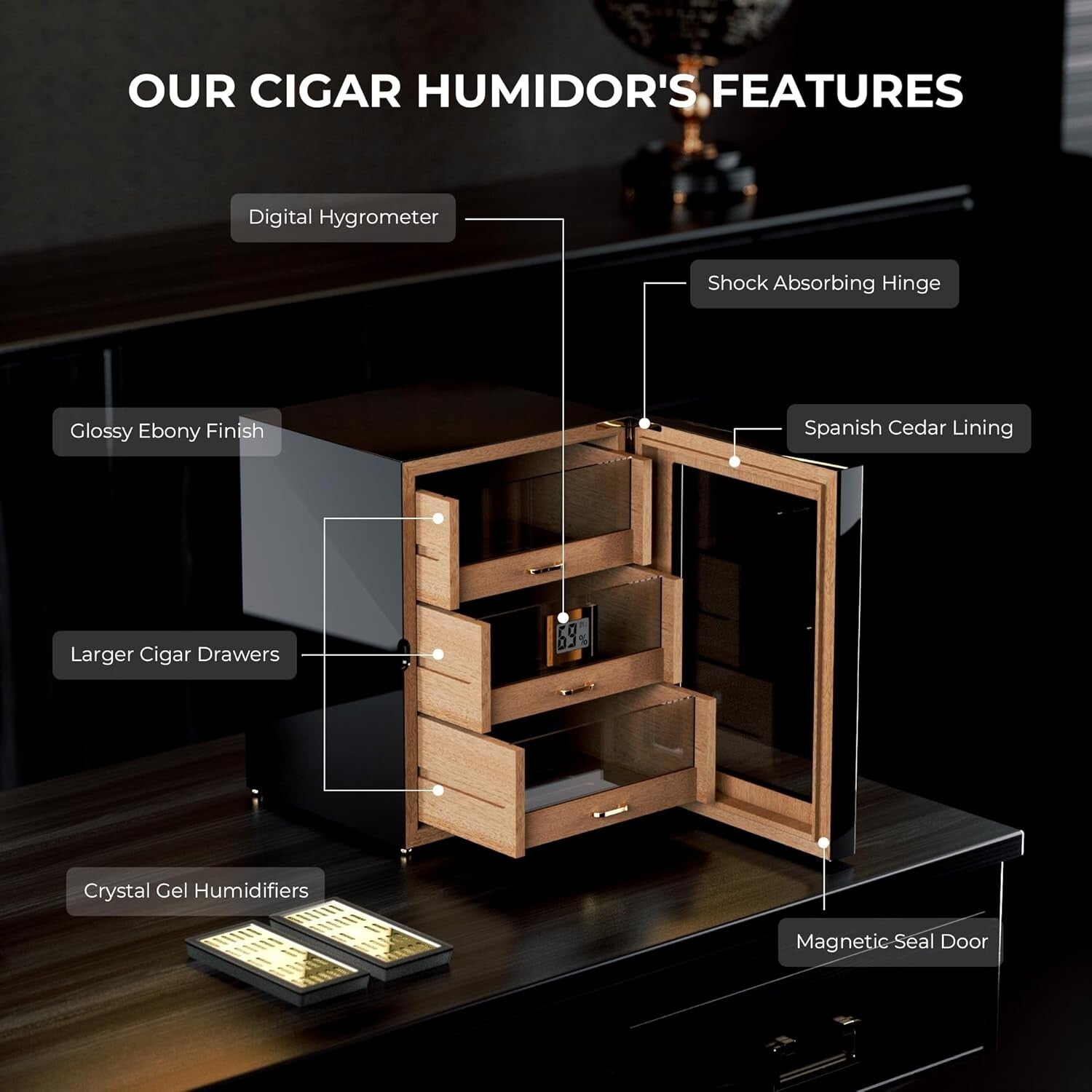 Luxury Desktop Cigar Humidor with Hygrometer & Removable Shelf for 150 Cigars